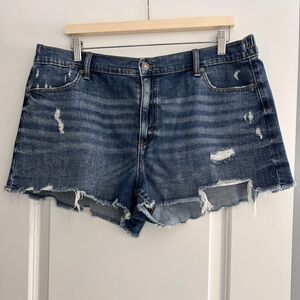 Aerie Daydream Distressed Denim Shorts XL | Elastic Back Waist | Raw Hem | Blue